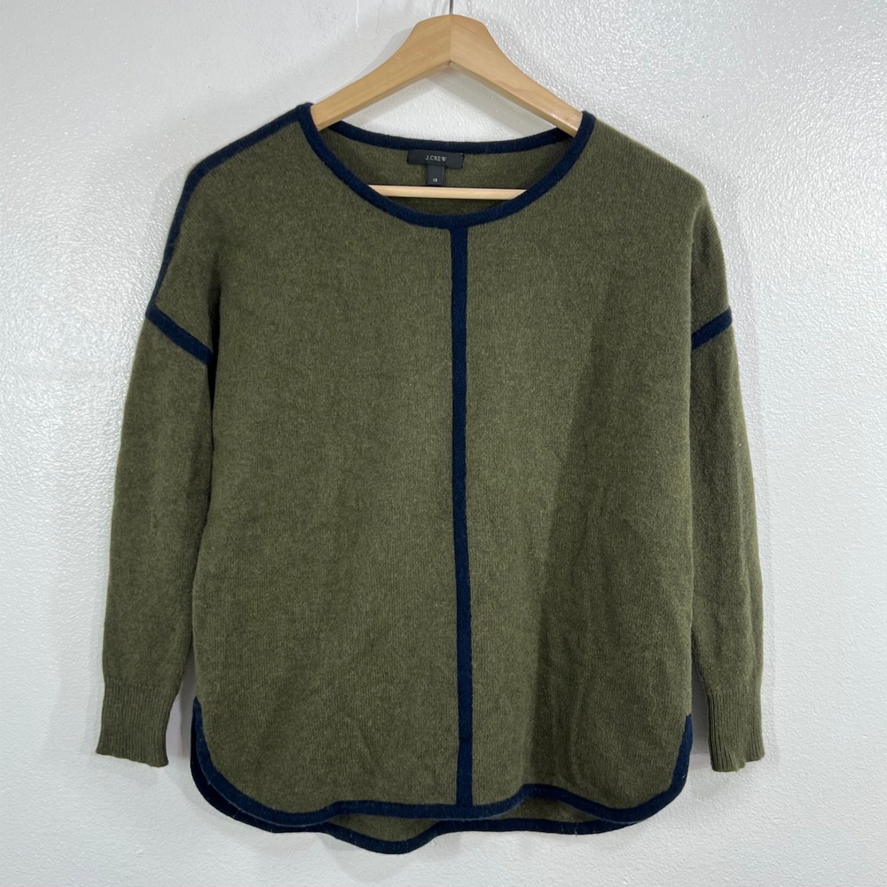 J.Crew 100% Wool Contrast Trim Crewneck Sweater XS Olive Green Navy Blue Slits